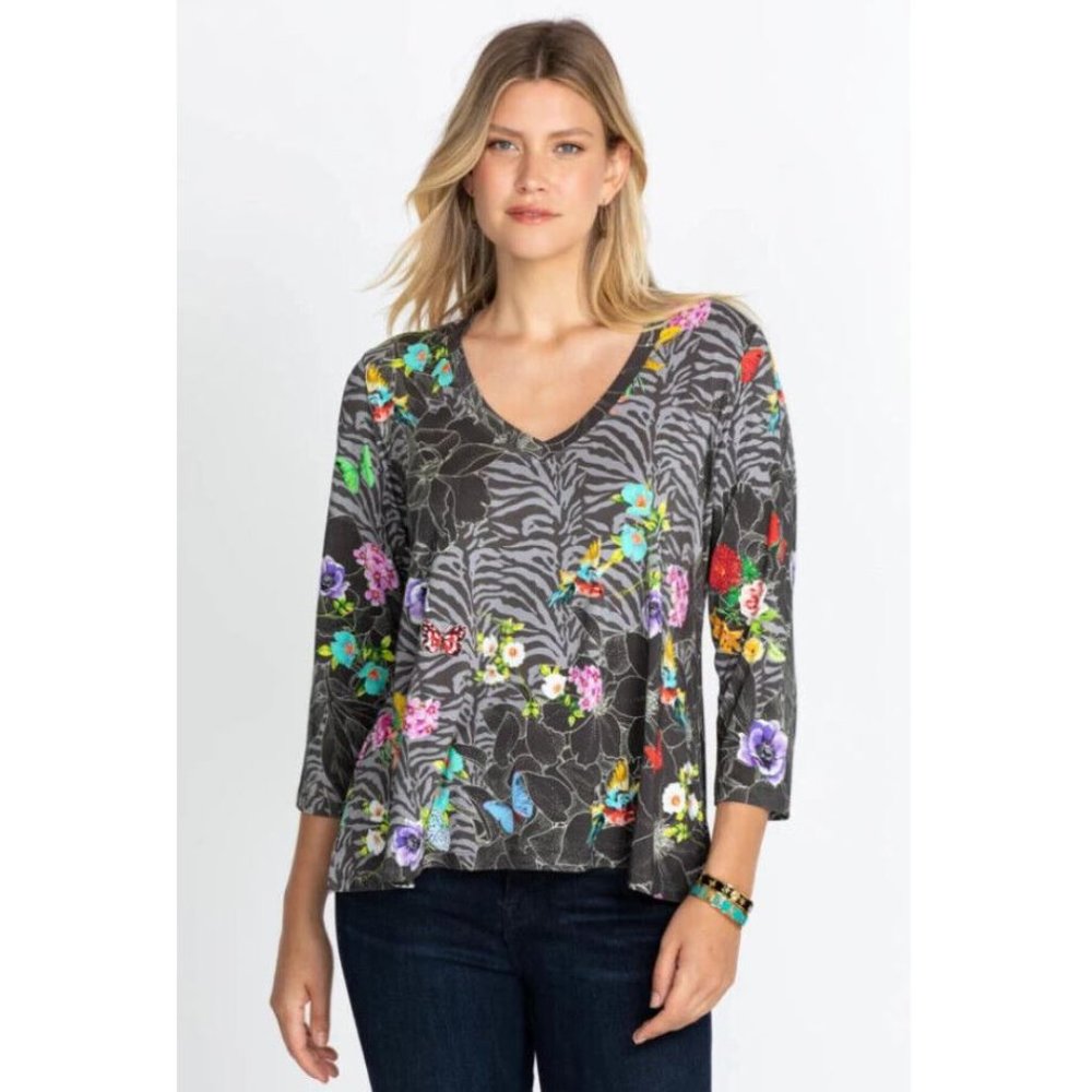Johnny Was Zippy Favorite Flower Black Gray V Floral Swing Shirt Top Tee XXL NEW